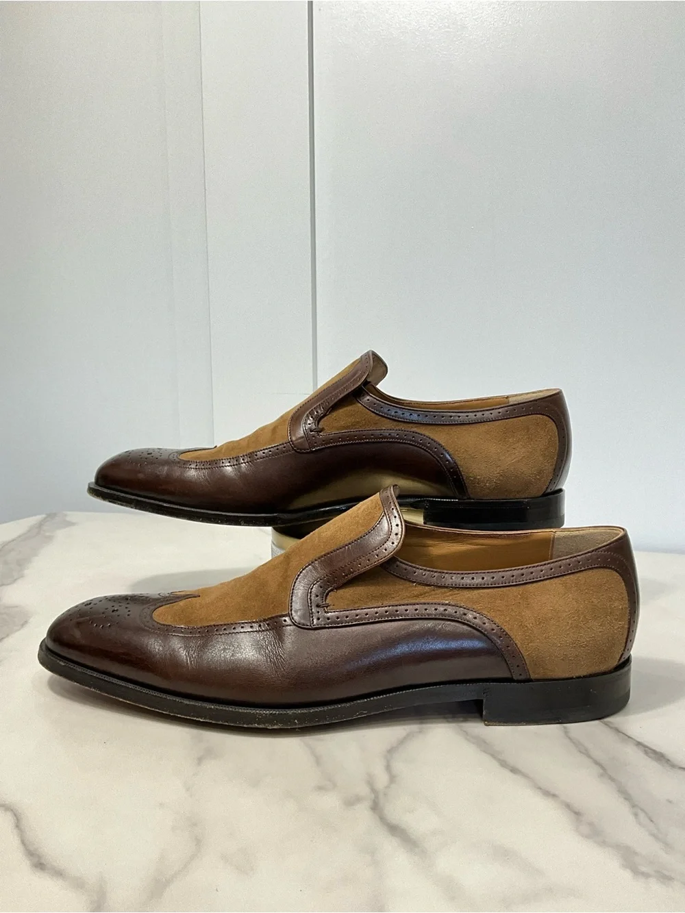 GUCCI Brown Tan Suede Leather Brogue Slip On Loafers Dress Shoes Men’s 10.5